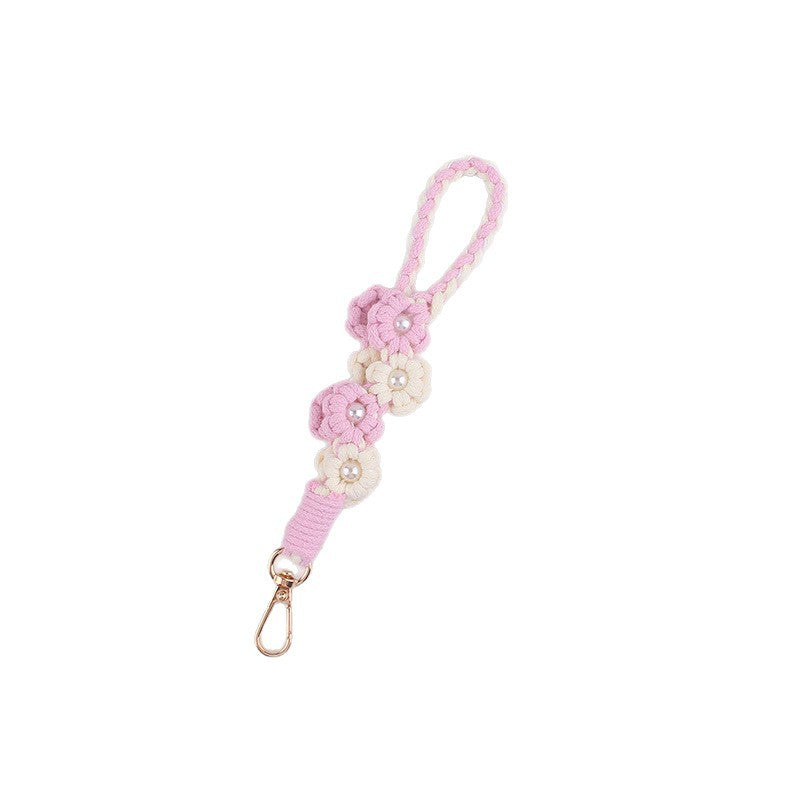 Wholesale Handwoven Pearl Flower Keychain Cute Candy Color Phone Lanyard With Cotton Rope Chic Bag Charm Everyday Use