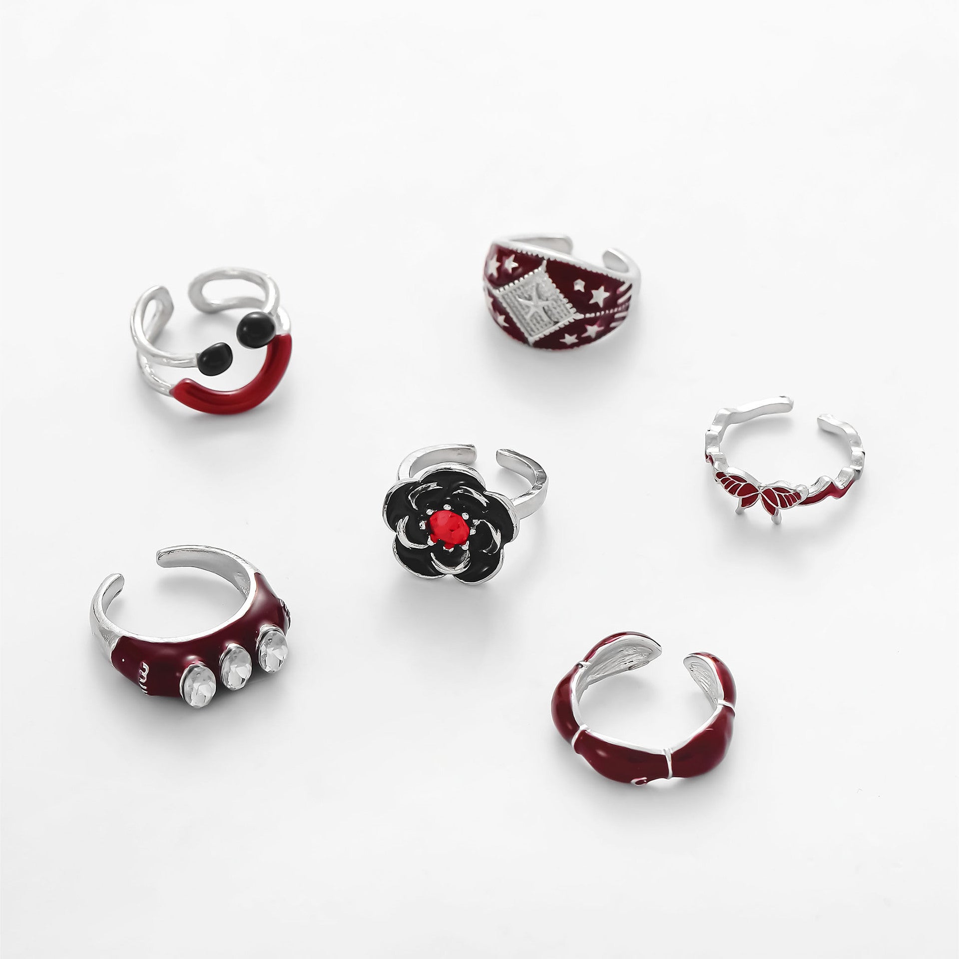 Wholesale 6pcs/set  Personalized oil drop rose butterfly smiley face ring