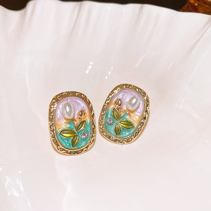 Wholesale Silver Needle Oval Flower Pearl Monet Garden Earrings