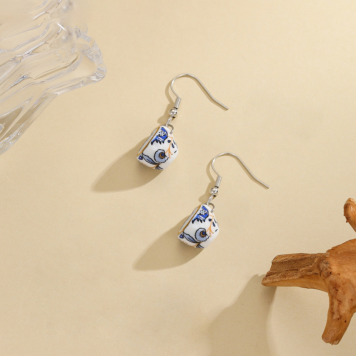 Wholesale Cup and Plate Shaped Ceramic Blue and White Porcelain Earrings