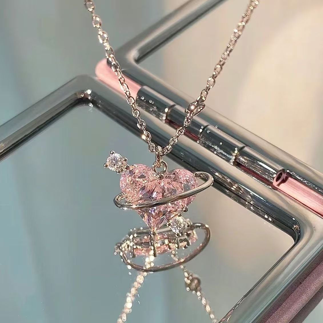 Wholesale Trendy Electroplated Alloy Heart Love Planet Pendant Necklace For Women Birthday Gift Resale