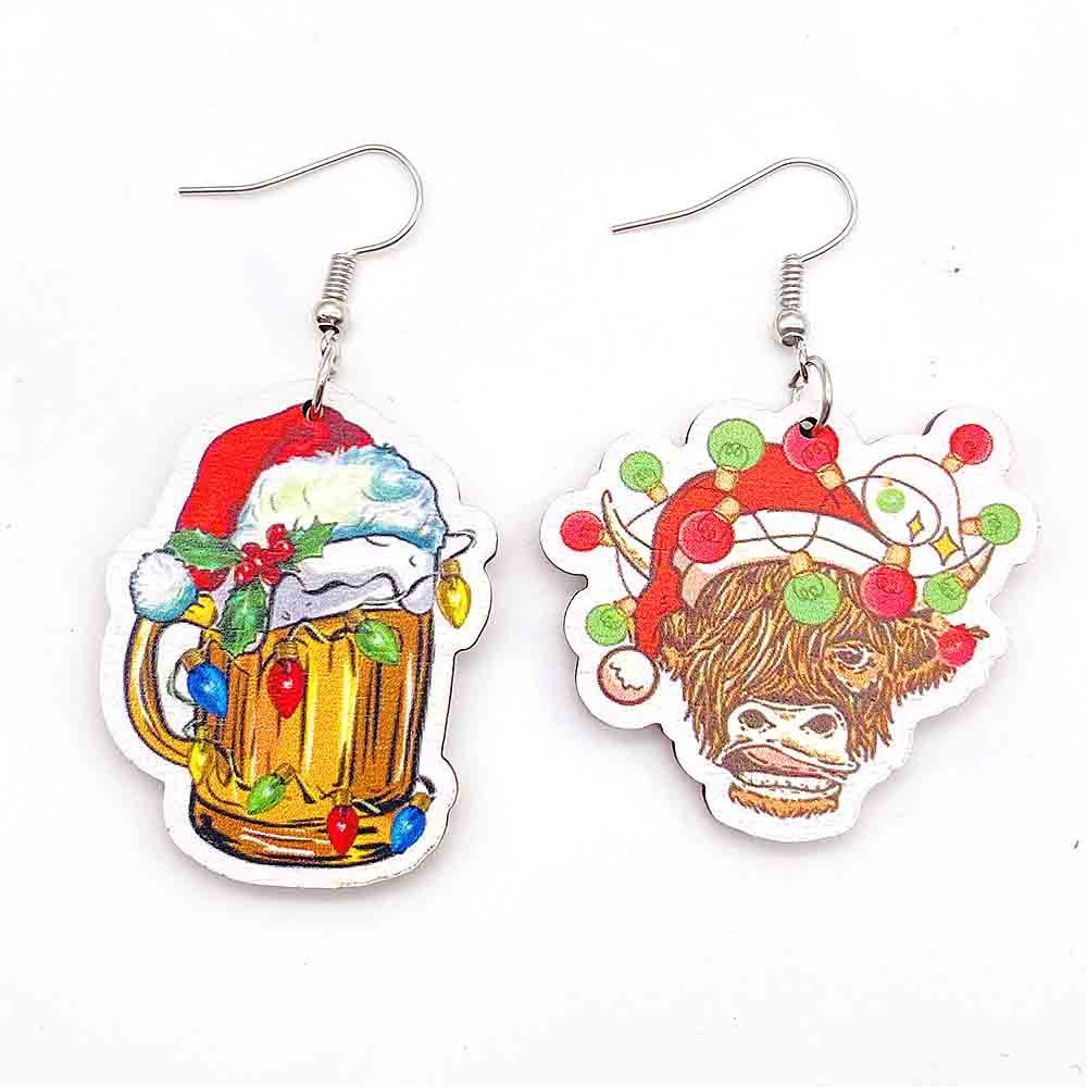 Wholesale Christmas Wood Earrings Lanterns Santa Hat Bull Head Beer Mug Earrings ACC-ES-ChenY030