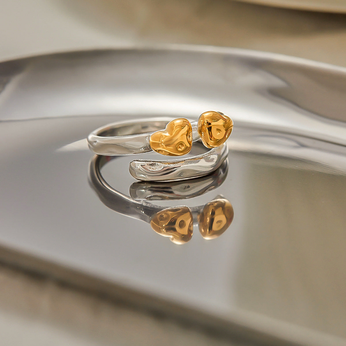 Wholesale Stainless steel  Ring Gold and Silver Color Matching Heart Adjustable Opening Jewelry