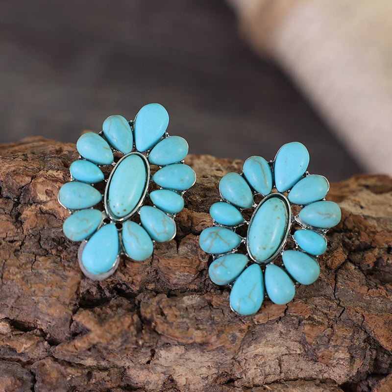 Wholesale alloy turquoise oil earrings geometric flower exaggerated earrings personality creative earrings