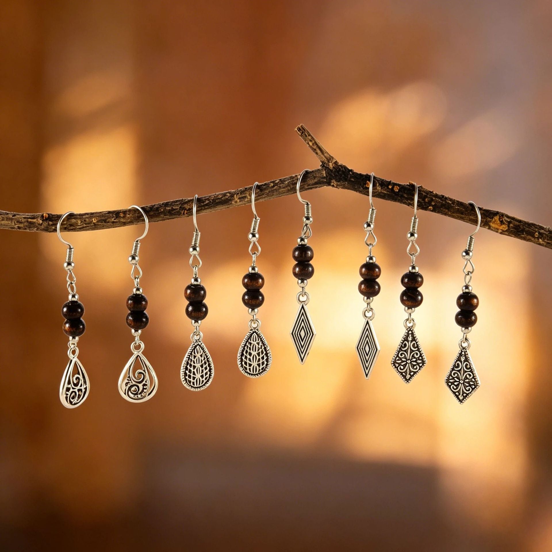 Wholesale Retro Wooden Bead Water Drop Earrings Rhombus Design Zinc Alloy Ear Hooks Literary Style Women S Jewelry Accessory For Gift And Resale