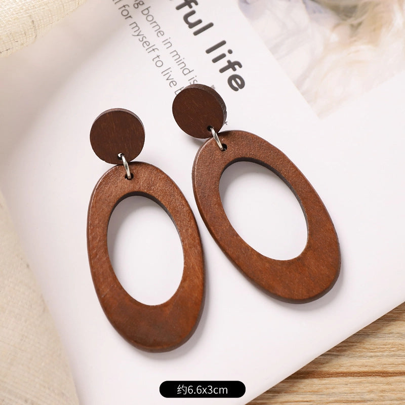 Wholesale Retro Coffee Wooden Earrings Ethnic Style Round Hand Knitted Jewelry Accessory