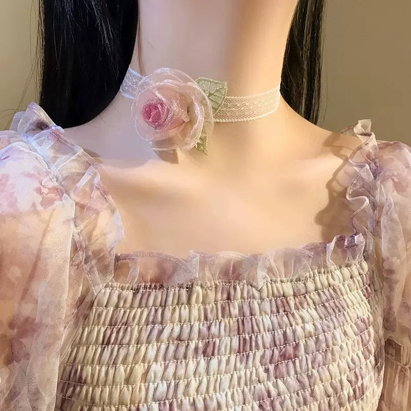 Wholesale Handmade Fabric Flower Choker Necklace With Wax Rope Trendy Jewelry Accessory For Women Gift