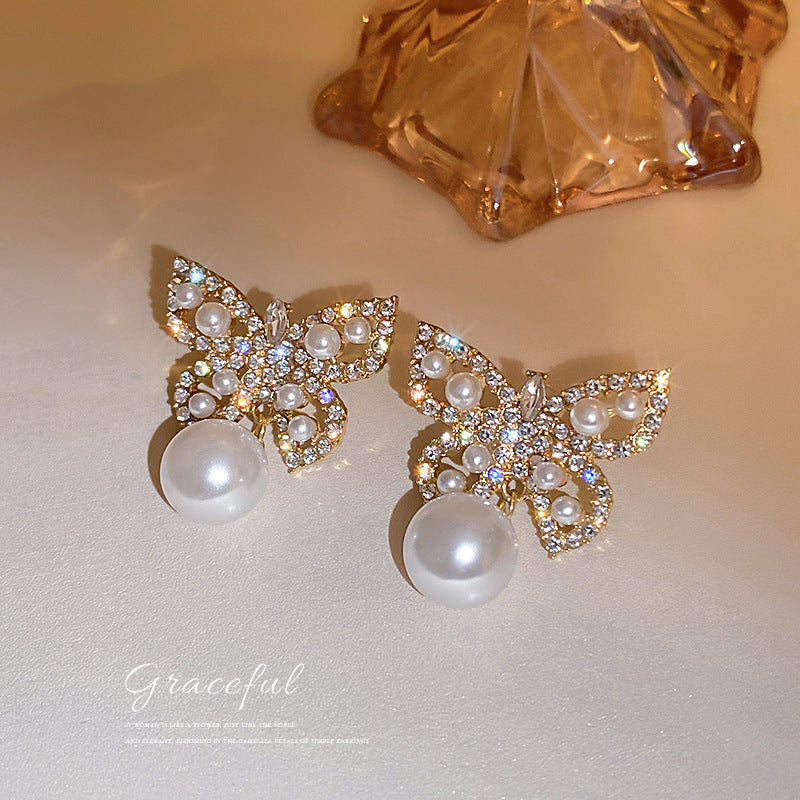 Wholesale 925 Silver Needle Diamond Pearl Butterfly Earrings ACC-ES-LanXiu002