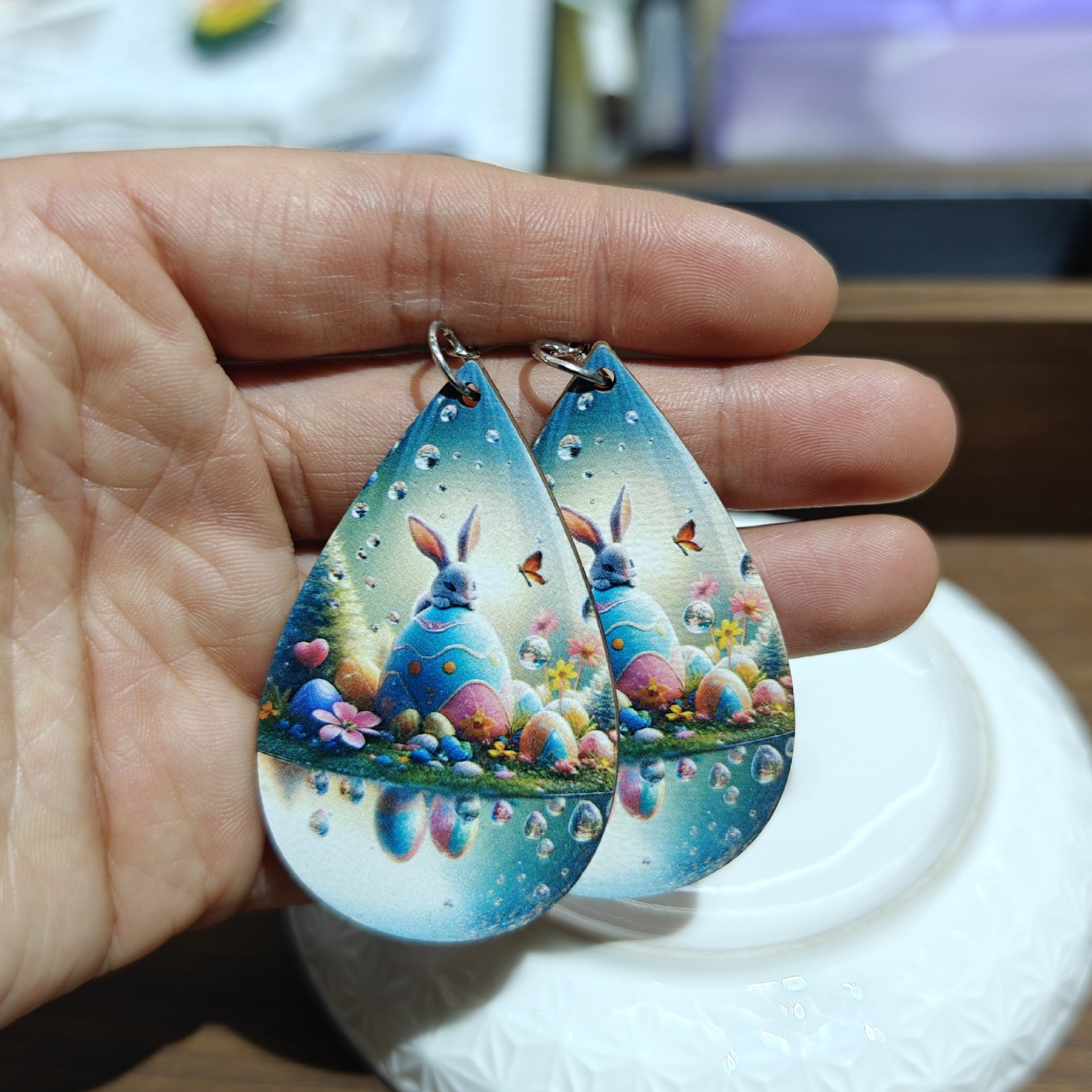 Wholesale Easter Wood Printed Colorful Earrings