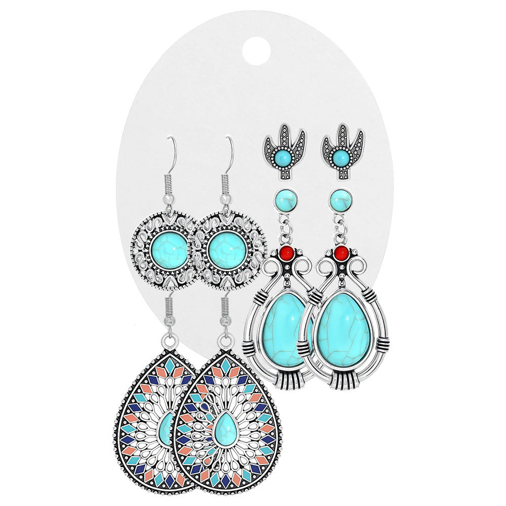 Wholesale Turquoise Tassel Earrings Set - Bohemian Ethnic Style