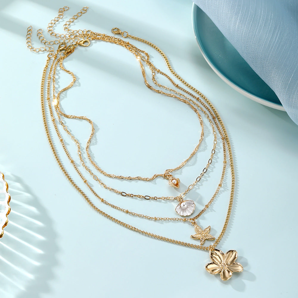 Wholesale Ocean Pearl Starfish Shell Pendant Stackable Layered Necklaces For Women Trendy Fashion Accessory Gift