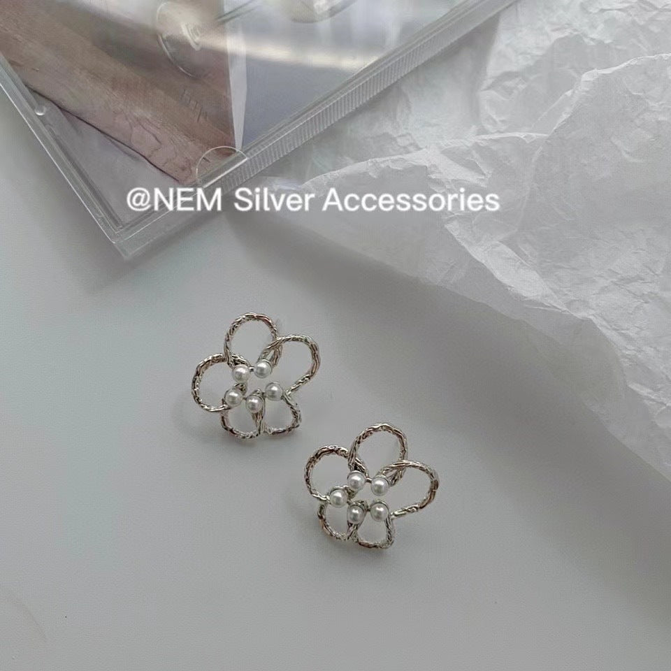 Wholesale 925 silver needle tinfoil shell pearl flower earrings