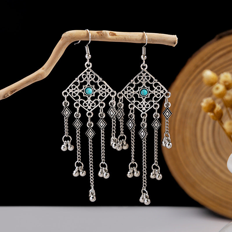Wholesale retro ethnic style hollow flower tassel turquoise owl alloy earrings ACC-ES-MDD009