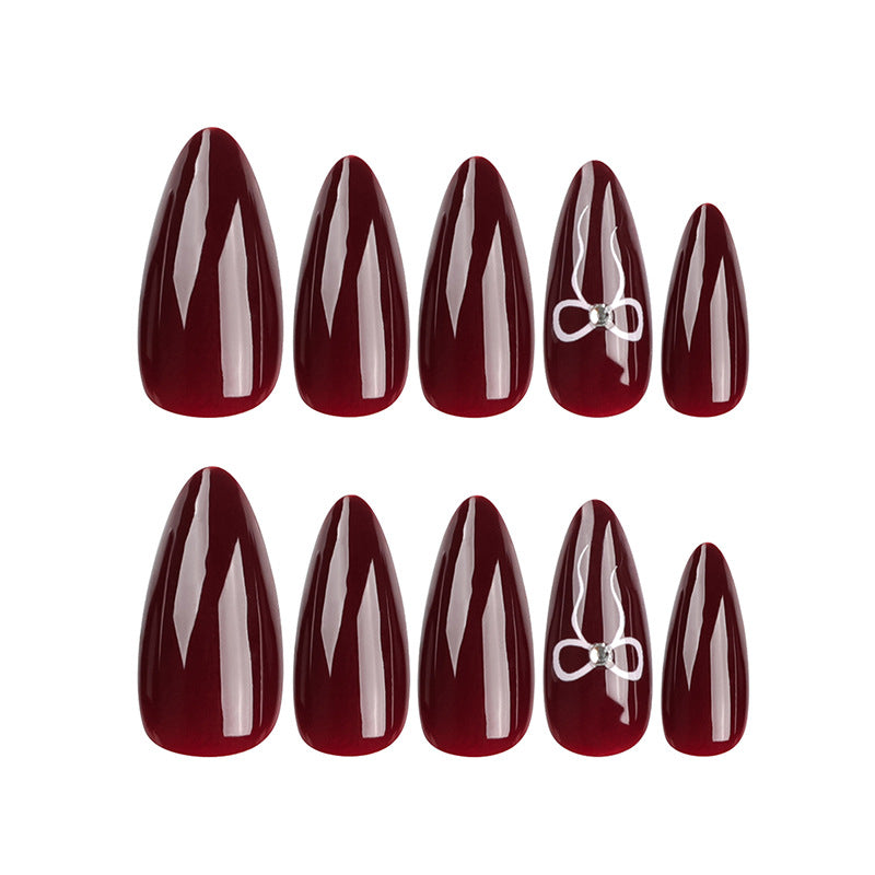Wholesale 24 Pieces/box Valentine's Day Burgundy Bow Press-on Nails Kits Nail Stickers ACC-NS-LeFan066