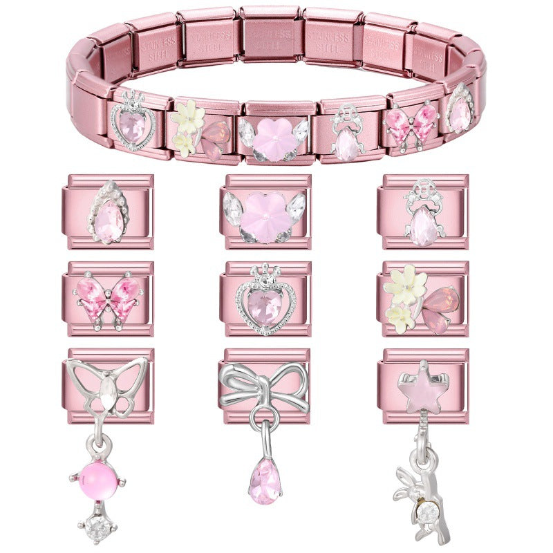 Wholesale 9mm Italian Charm Starter Bracelets pink series  DIY  Single Section Creative Stainless Steel Composable Bracelet