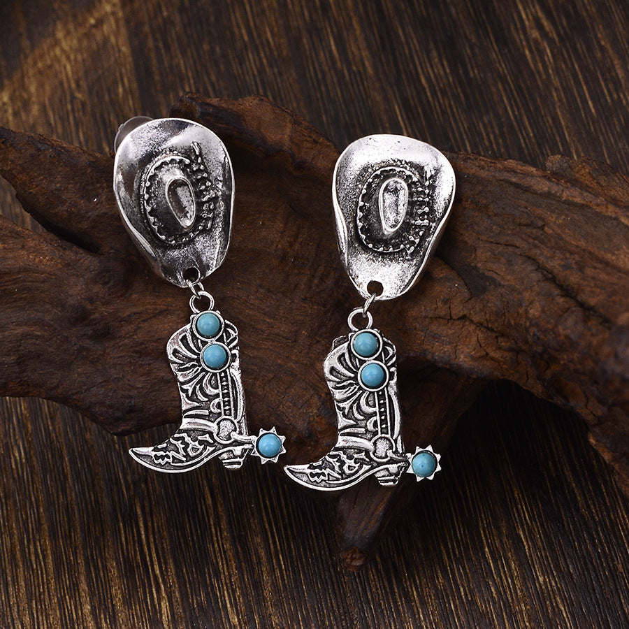 Wholesale Retro Western Cowboy Boots Hat Pendant Earrings Zinc Alloy Electroplated Fashion Jewelry Accessory