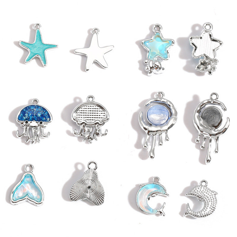 Wholesale Electroplated Zinc Alloy Blue Star Moon Resin Inlay Pendant Charms For DIY Jewelry Making Bag Charm Keychain Everyday Wear