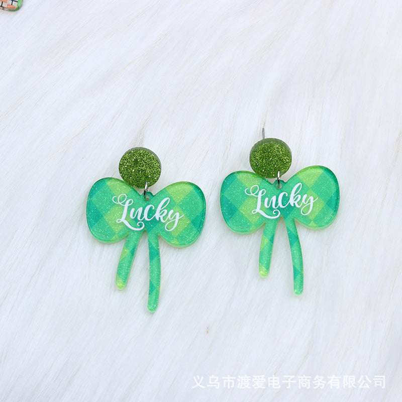 Wholesale 2pcs Acrylic St.  Patrick' s Day Four-Leaf Clover Butterfly Earrings