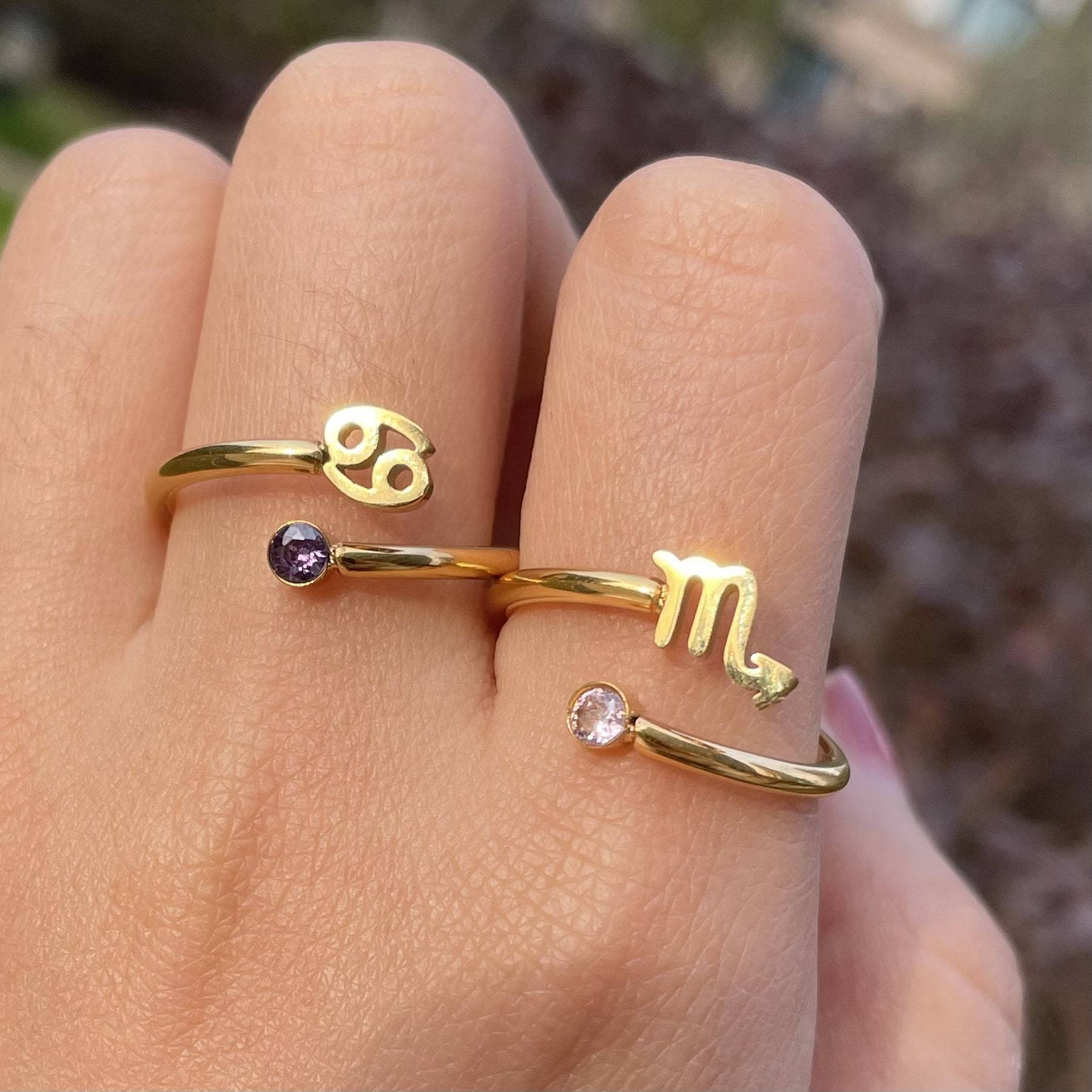 Wholesale 18k Gold Plated 12 Zodiac Signs Rune Zircon Birthstone Ring