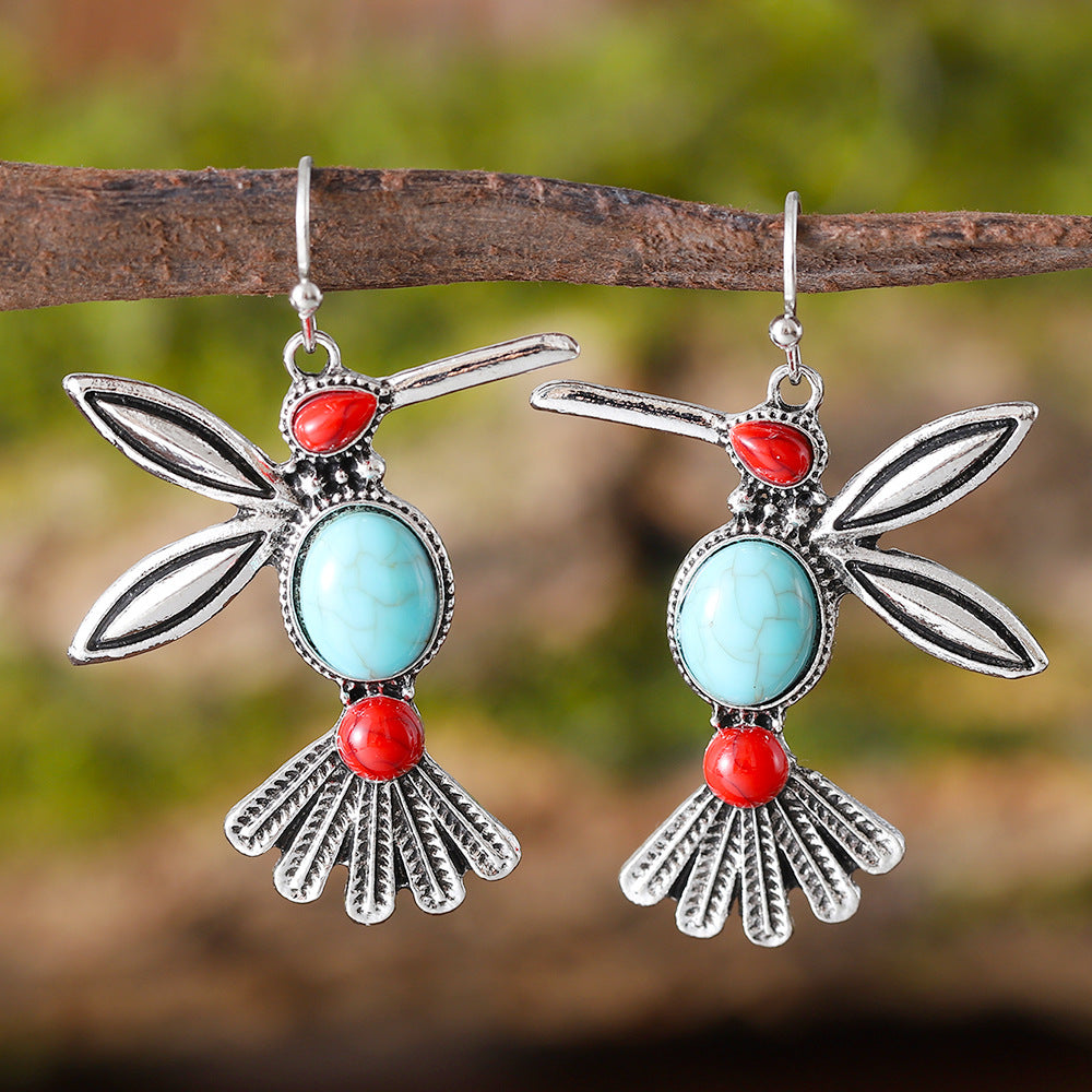Wholesale Retro Fashion Inlaid Turquoise Bird Pendant Earrings