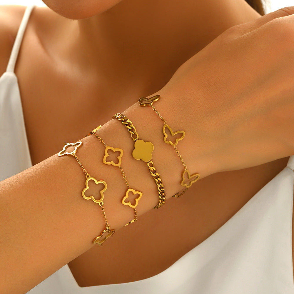 Wholesale Cross-Border Titanium Steel Four-Leaf Clover Lucky Hollow Flower Design Fashionable and Simple Factory Wholesale Direct Sales Bracelet for Women Hot Style