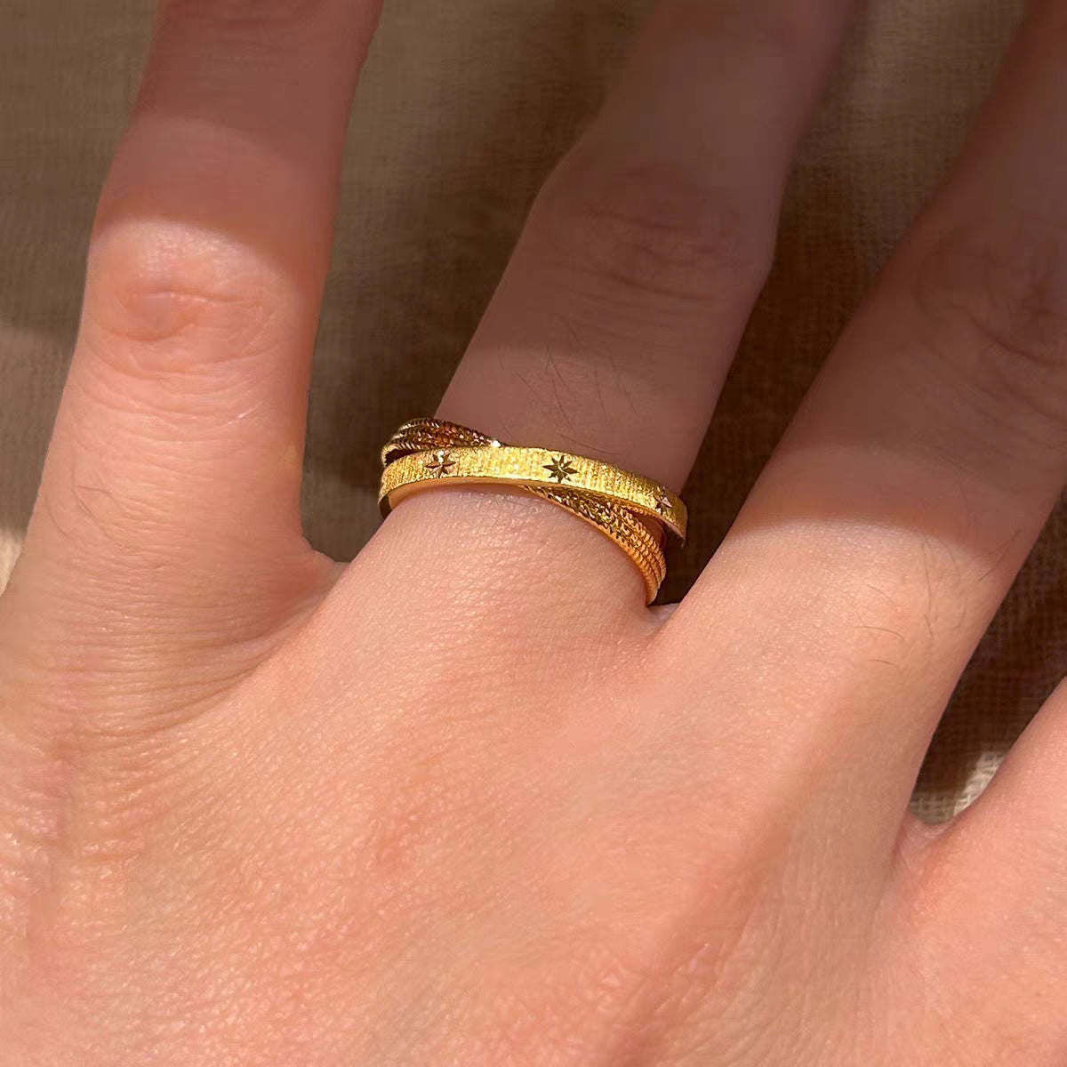 Wholesale Gold Brushed Double-Layered Cross Star Ring