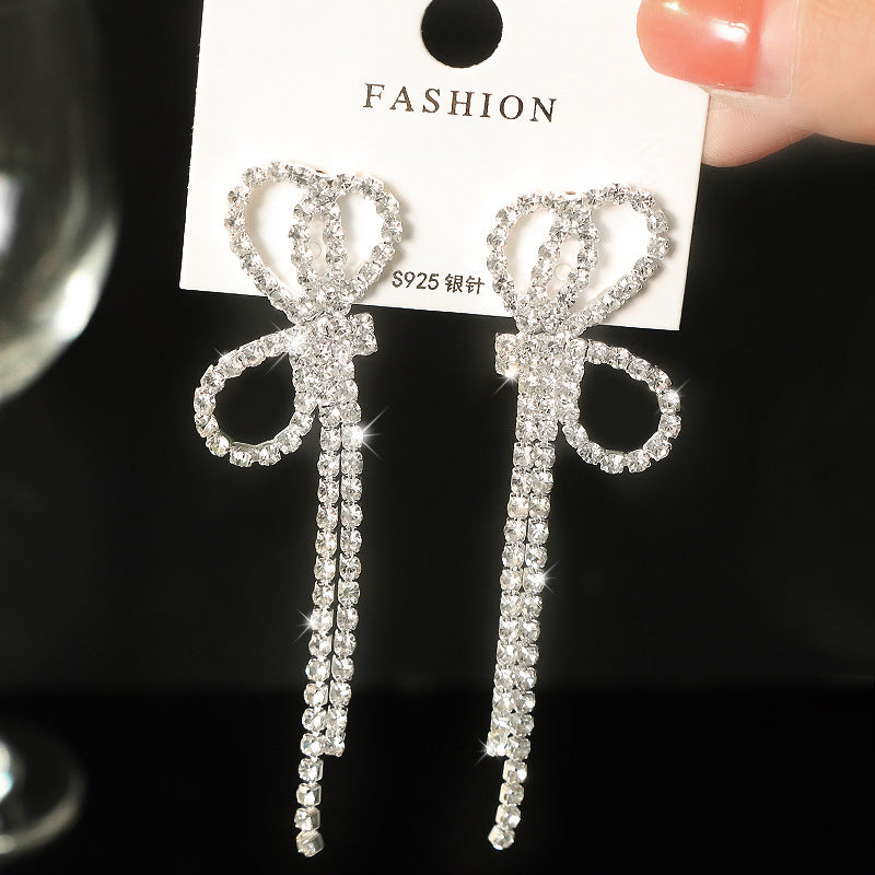 Wholesale  bow earrings long diamond-embedded full diamond  tassel earrings