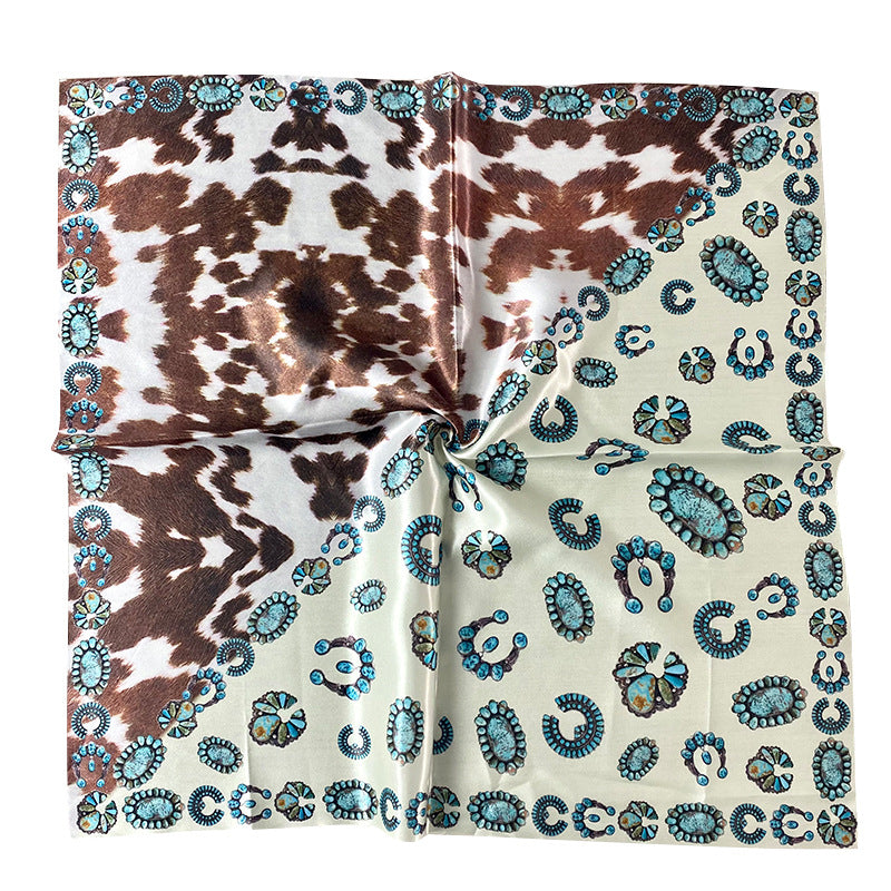 Wholesale Square Scarf Western Style Retro Printed Cow Pattern Turquoise Scarf