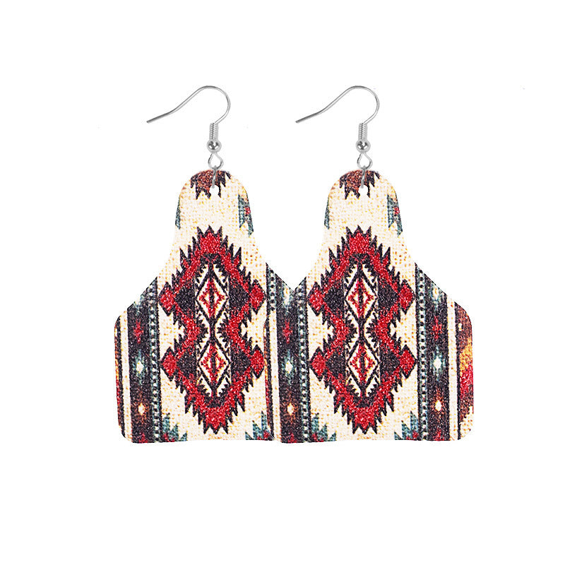 Wholesale Retro Western Cowboy Old Style Flower Bull Head Ethnic Style Print Leather Earrings