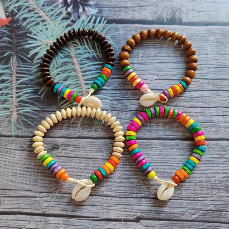 Wholesale Boho Devil's Eye Colored Wooden Beads Natural Shell Bracelet ACC-BT-Youl012