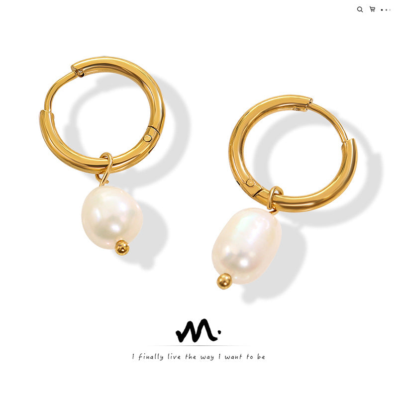 Wholesale French Vintage Freshwater Pearl Hoop Earrings Titanium Steel Gold Plated Jewelry Accessory