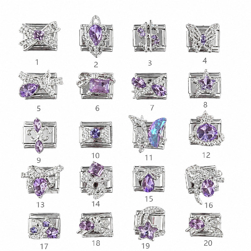 Wholesale Chic Stainless Steel Fashion Bracelet with Purple Crystal Butterfly Star Moon Design Boutique Resale