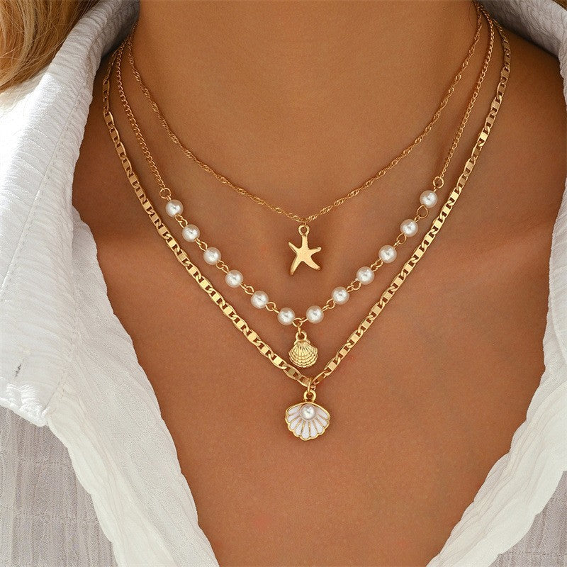 Wholesale Ocean Beach Style Double Layer Shell Starfish Choker Necklace Fashion Layering Jewelry For Party Gift Boutique