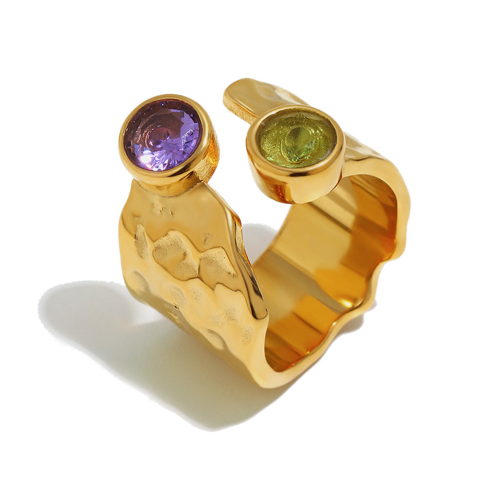 Wholesale Niche Retro Hammered Open Ring Stainless Steel 18K Plated Colorful Women' s Chic Everyday Accessory