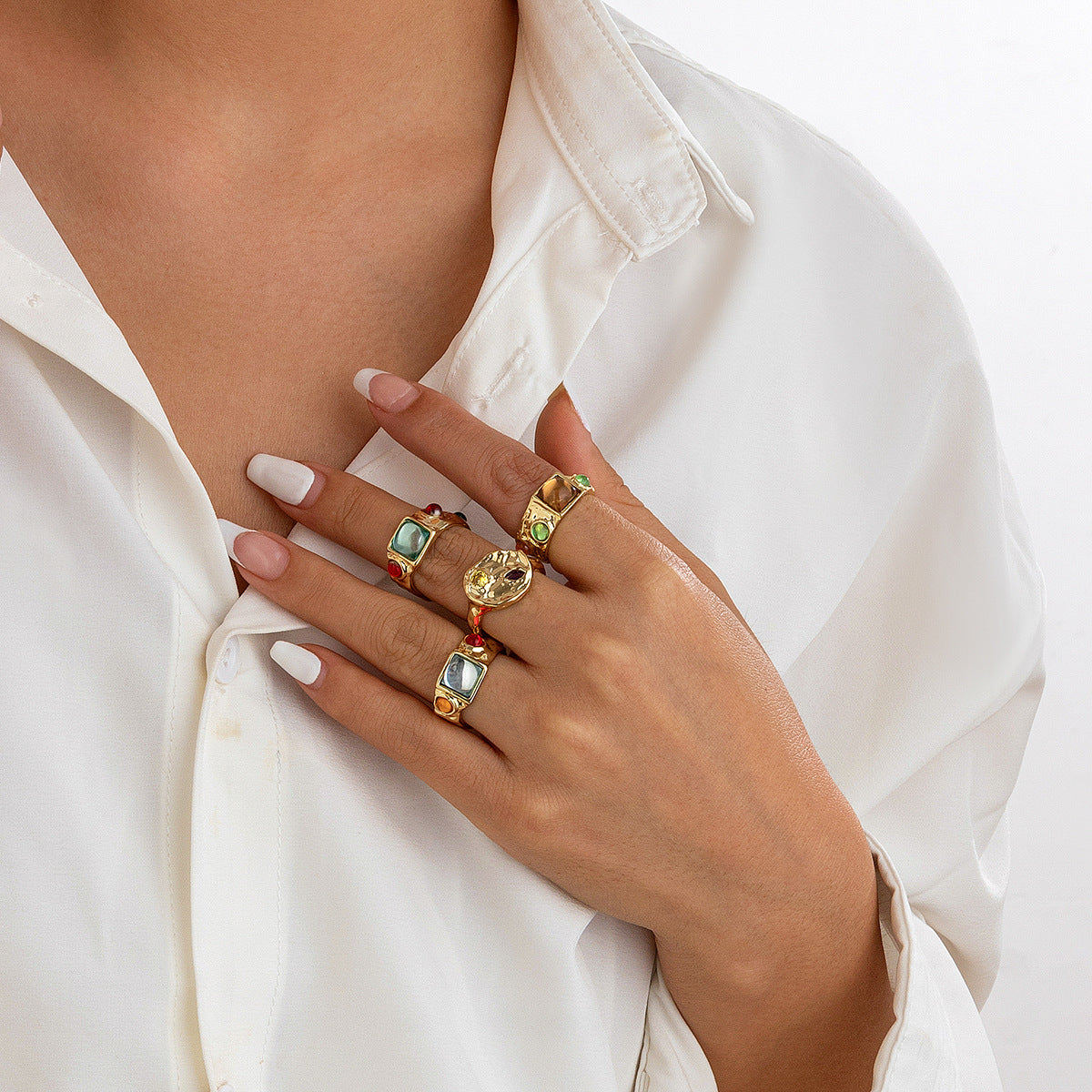 Wholesale Colorful inlaid geometric irregular alloy ring