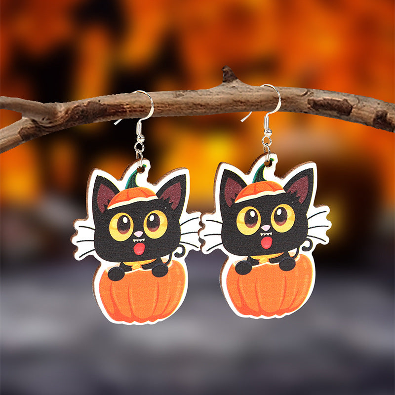 Wholesale Wood  Earrings Pumpkin Skull Bat  Fashion Accessory for Party Gift