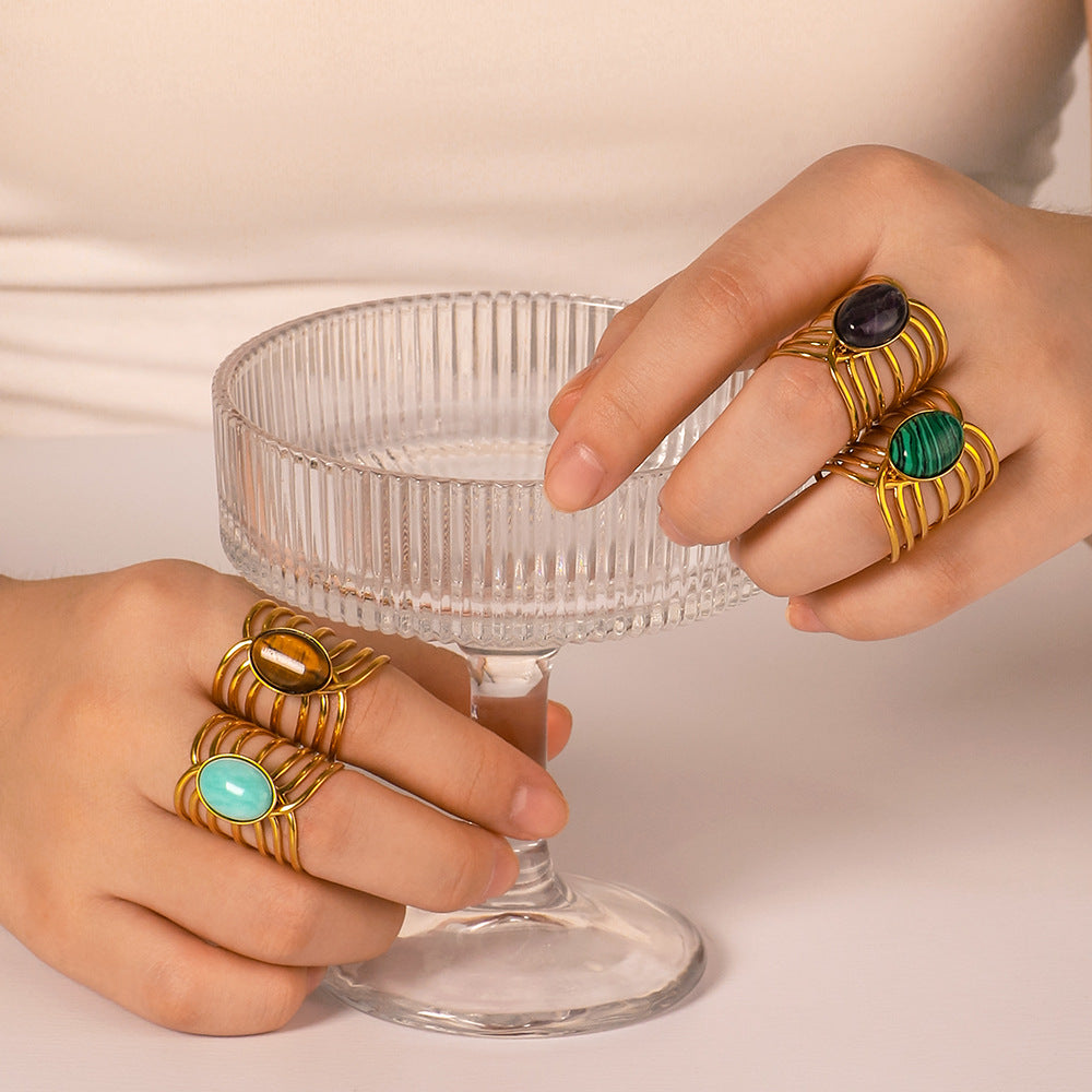 Wholesale Stainless Steel Inlaid Natural Stone Open Adjustable Rings ACC-RS-XinY010