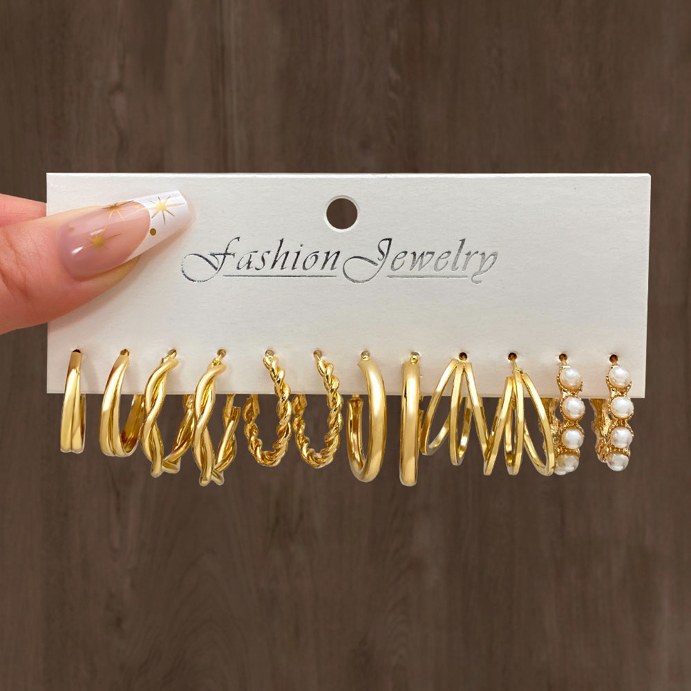 Wholesale  Geometric Multi-layer C- shaped Pearl Earrings Set