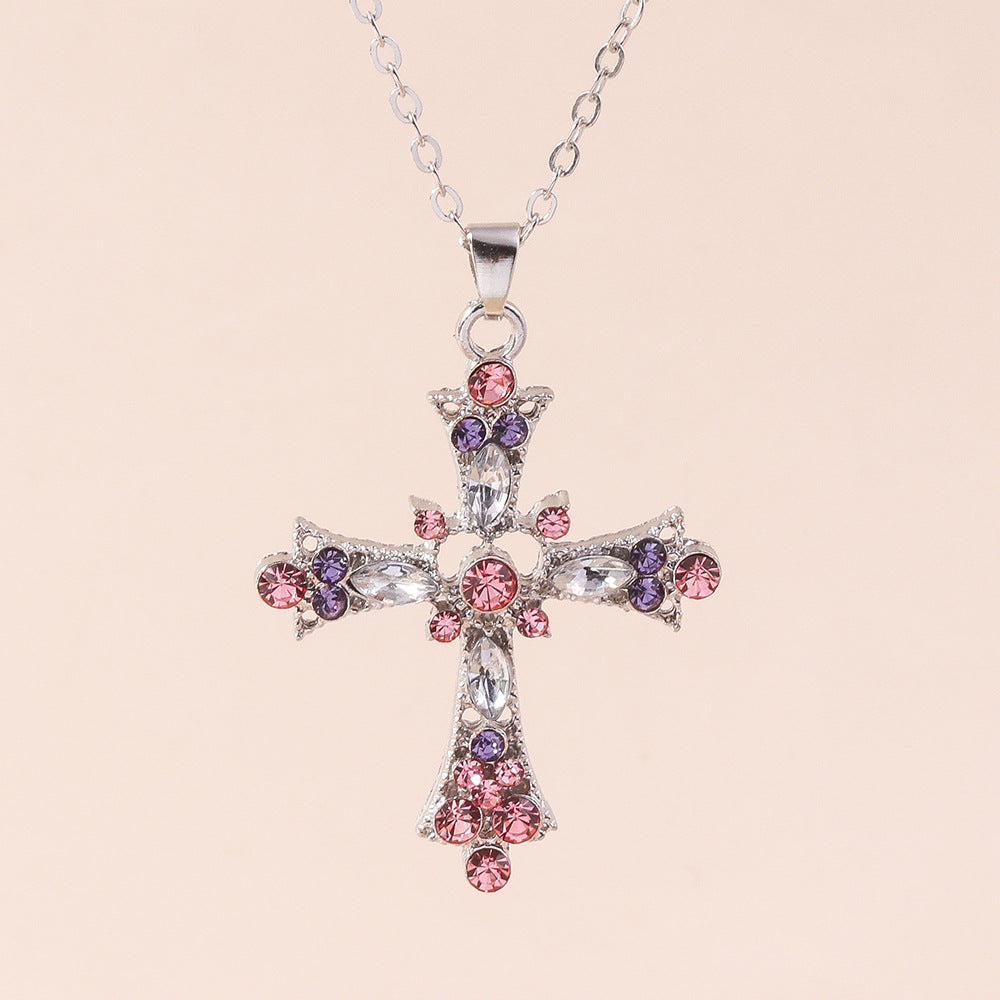Wholesale  Versatile Sweet Heart Clavicle Chain  Rhinestone Cross Necklace