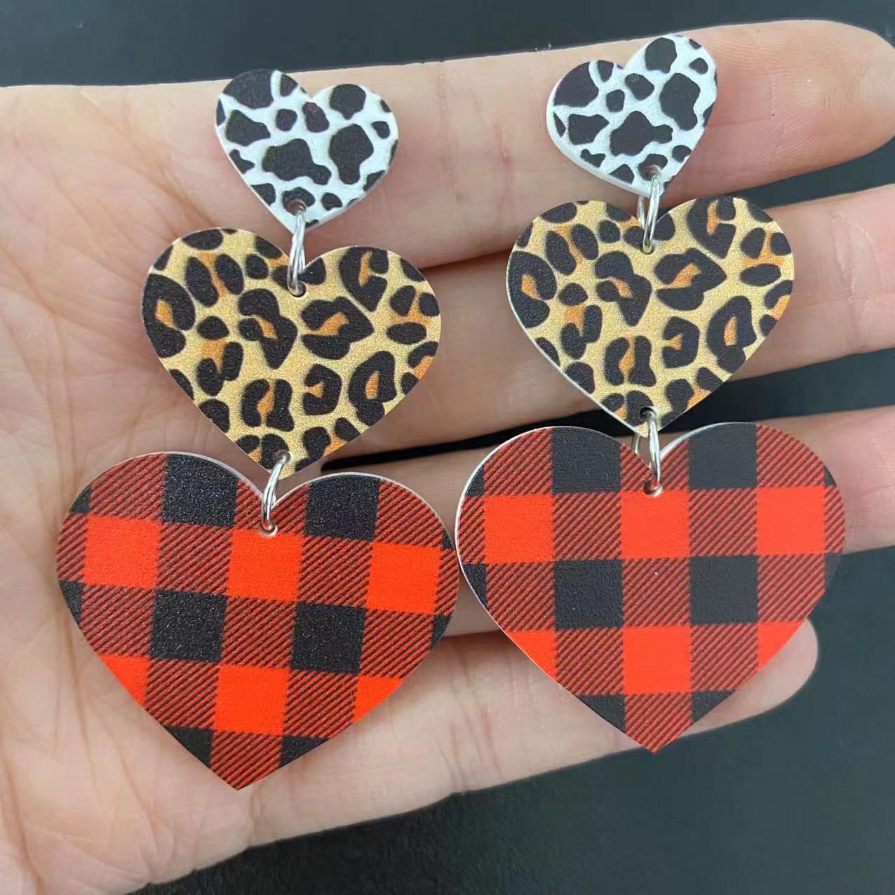 Wholesale Valentine's Day acrylic asymmetric leopard Love earrings