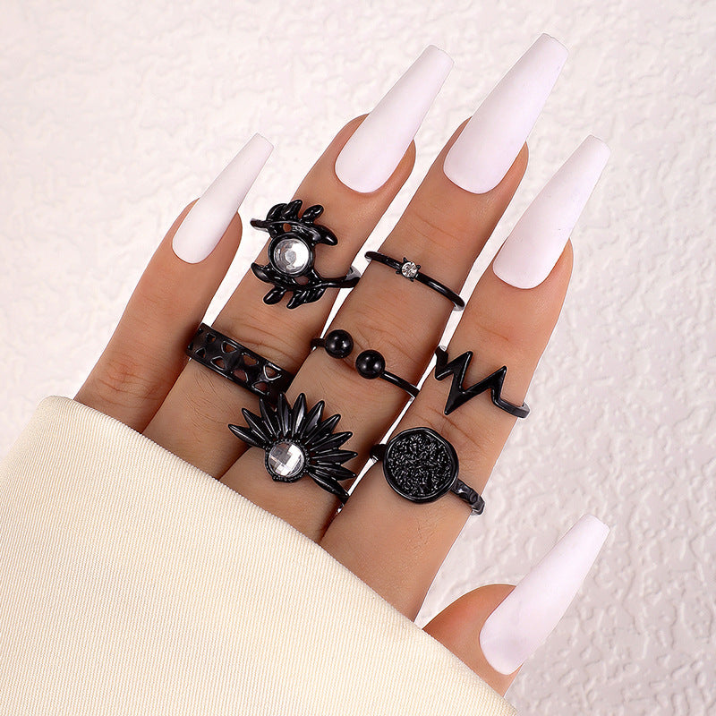 Wholesale Fashion Ring Set Spiral Stacking Black Gemstone Design Alloy Jewelry Accessory for Everyday Wear