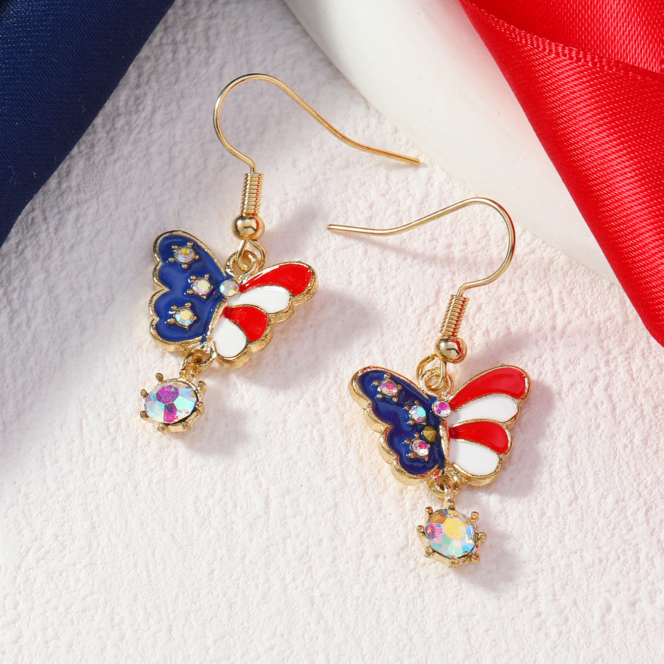 Wholesale American Independence Day Alloy Oil Drop Diamond Butterfly Earrings ACC-ES-MT004