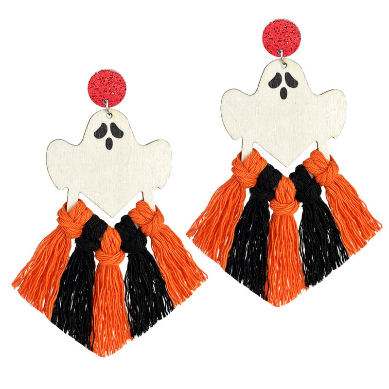 Wholesale 2 Pairs/pack Halloween Hand-woven Pumpkin Bat Ghost Spider Wood Earrings ACC-ES-HY142