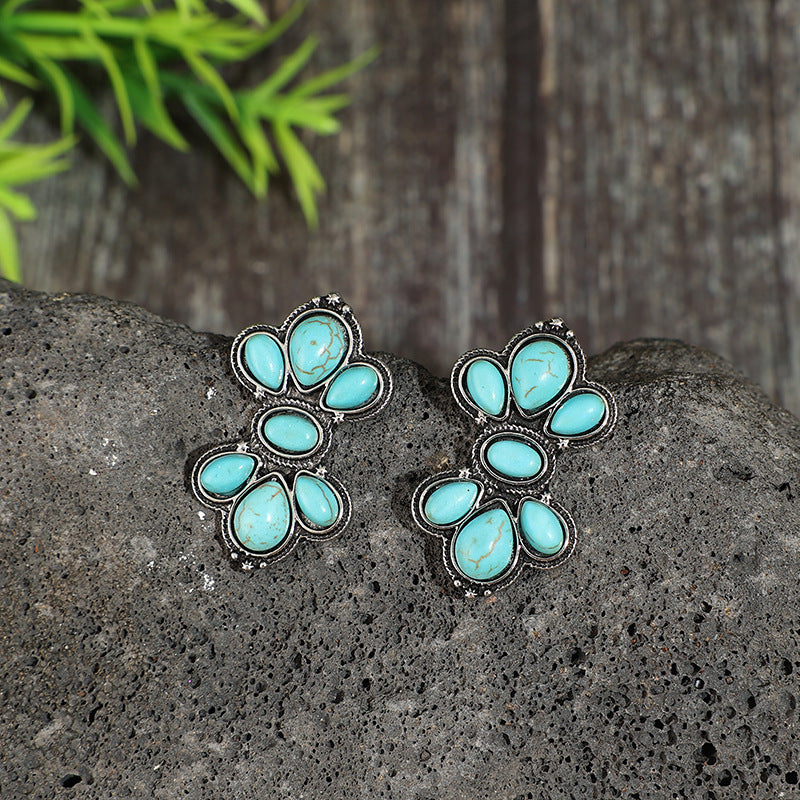 Wholesale Vintage Distressed Turquoise Alloy Earrings Western Bohemian Ethnic Geometric Studs for Women Fashion Accessory