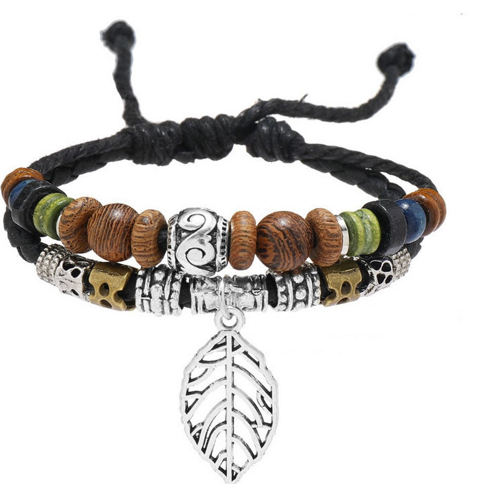 Wholesale Folk Style Woven Leather Bracelet with Beaded Charms,  Unisex Adjustable Jewelry Accessory