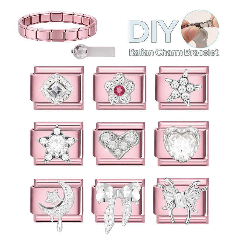 Wholesale 9mm Italian Charm Starter Bracelets pink series  DIY  Single Section Creative Stainless Steel Composable Bracelet