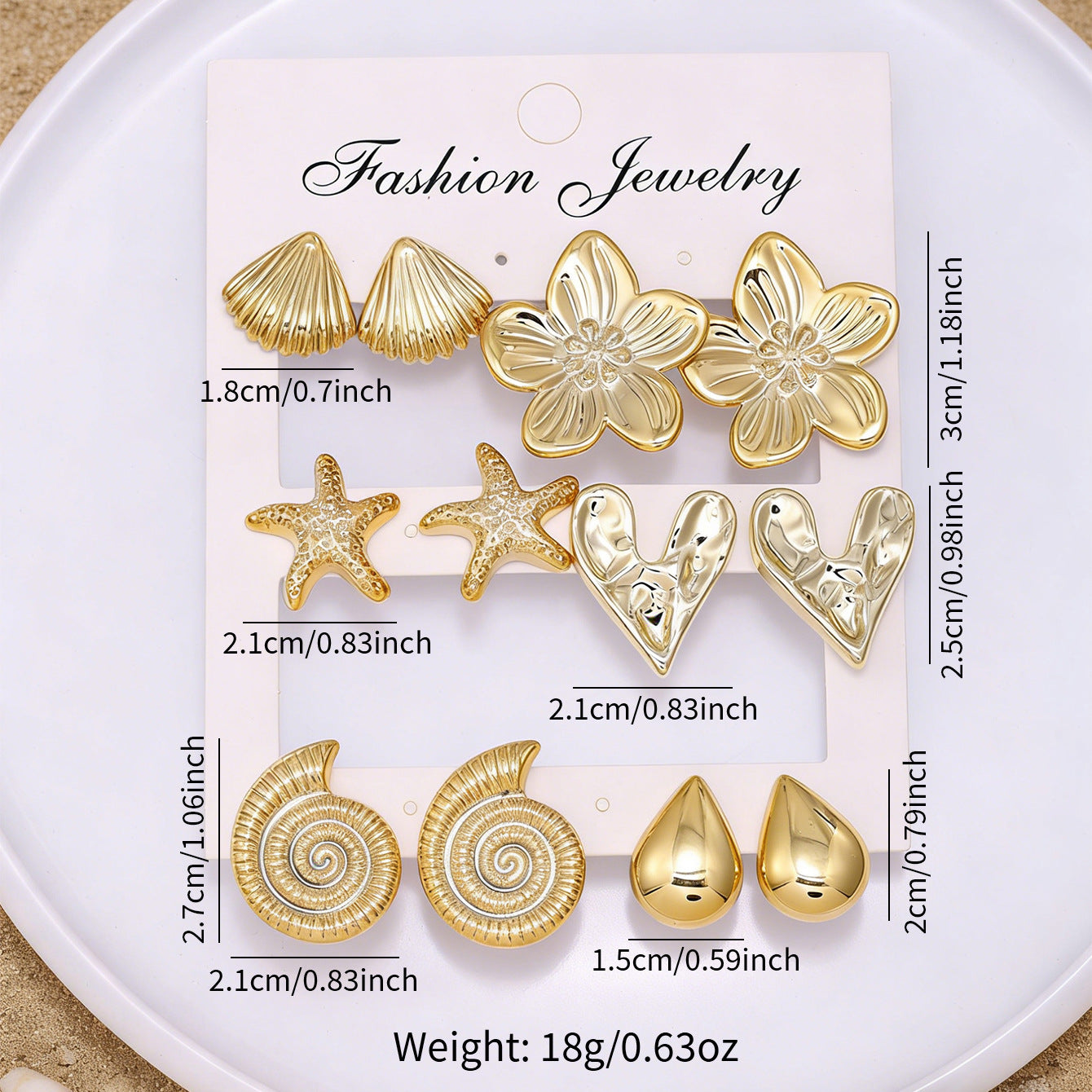 Wholesale 6 Pairs Gold Resin Stud Earrings Set For Women Flower Starfish Pattern Asymmetric European American Style Chic Fashion Accessory Gift