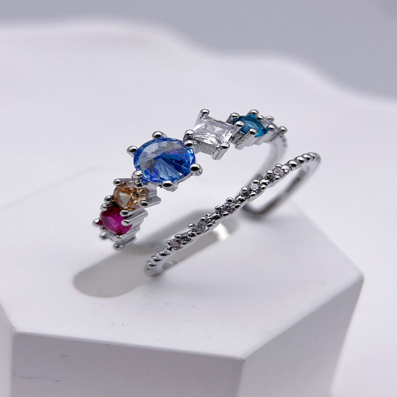 Wholesale Double Layer Colored Gemstone Open Ring Flower Adjustable Rings ACC-RS-YXY005
