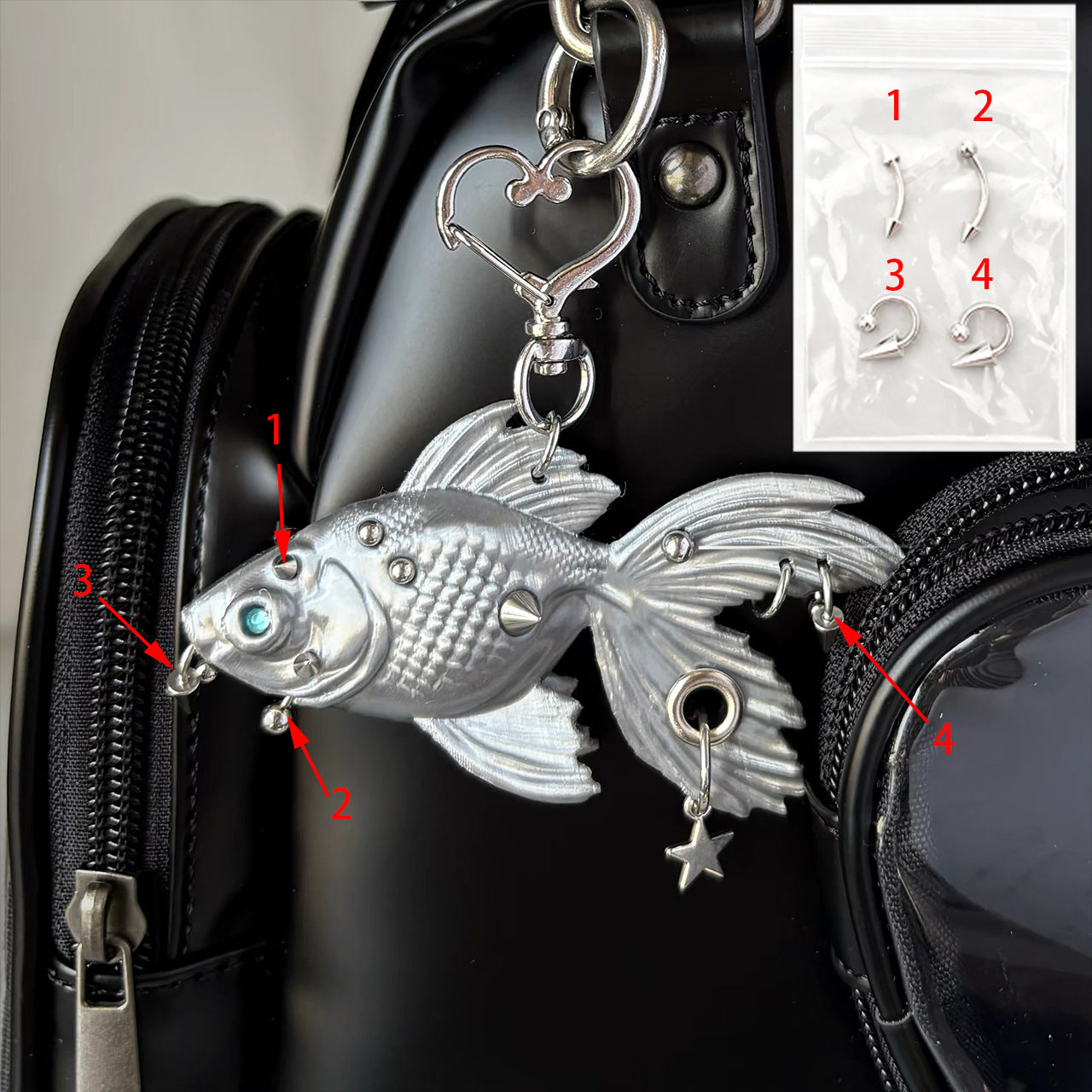 Wholesale 3D Punk Goldfish Keychain Black Resin Bag Charm Fashion Accessory Gift For Everyday Use