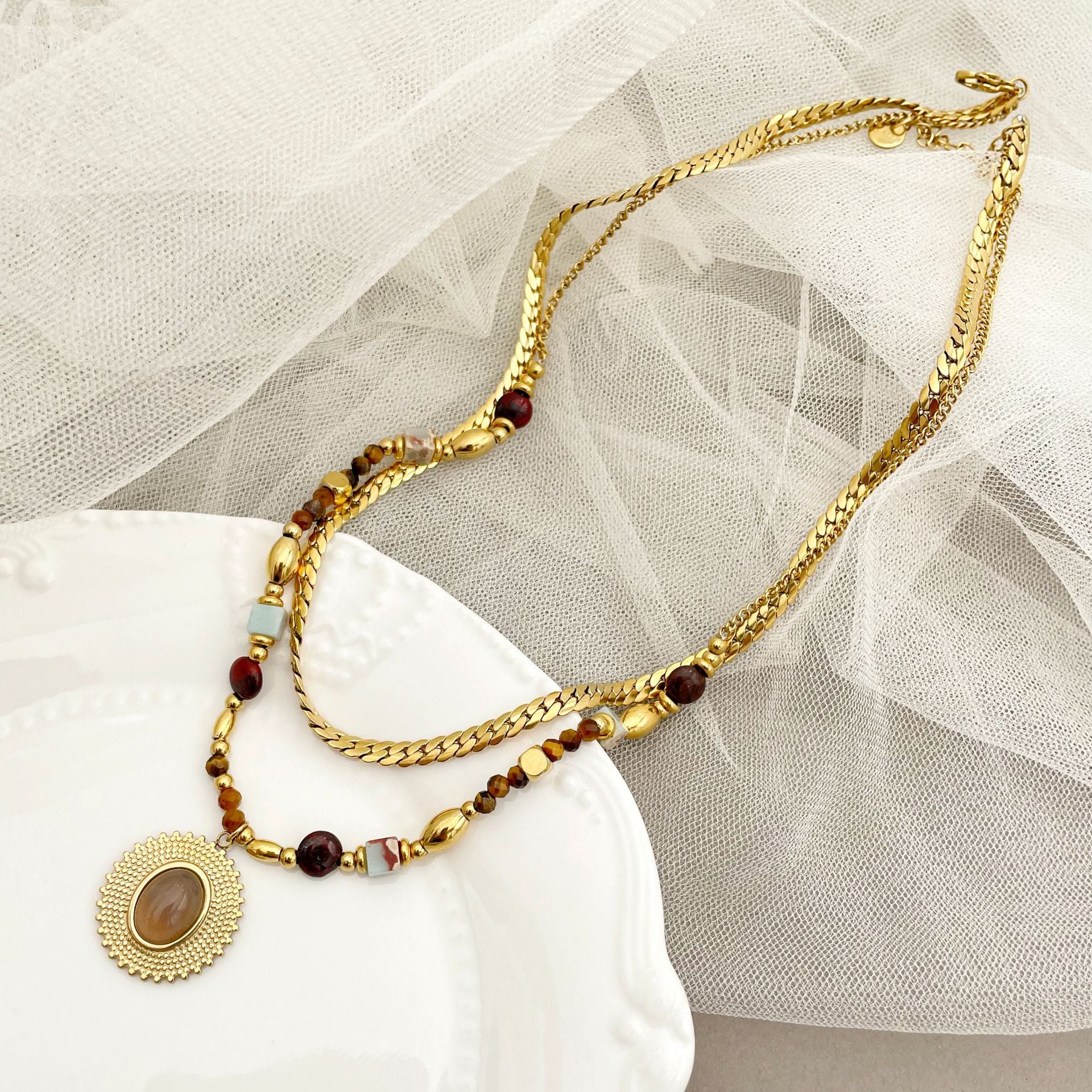 Wholesale Round Beads Rice Beads Handmade Double-layer Chain Natural Stone Pendant Necklace